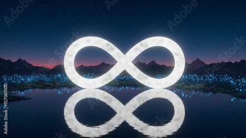 Illuminated infinity symbol reflecting on tranquil lake