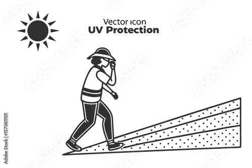 Vector illustration of a person walking on an obstacle with sun shining depicts uv protection concept to avoid sun damage