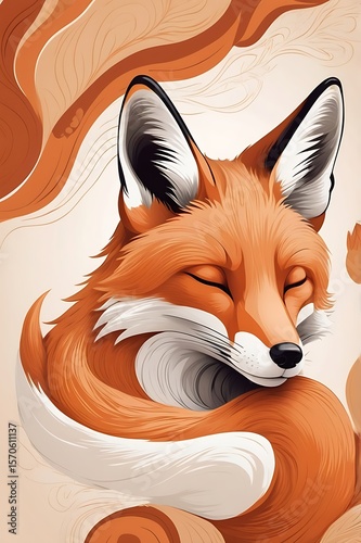 Abstract fox curled in sleep, minimalist vector style with rust orange and white tones, soft woodland gradient background, top-down cozy shot