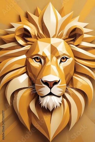 Abstract geometric lion head, sun-gold and ivory color scheme, royal minimalist background, tight close-up vector