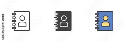 Contacts notebook icon set in line, solid and filled outline style