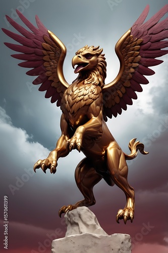 Abstract griffin in bronze and maroon, stormy sky background, wide-angle wingspread shot