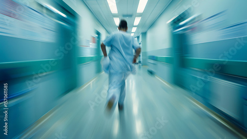 A doctor runs down the corridor of a clinic, a running ambulance medic urgently saves lives