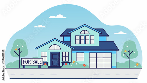 "Dream Home: Captivating rendering of a vibrant house showcasing a for sale sign and other beautiful home design, inviting potential buyers to envision a future filled with warmth and comfort."