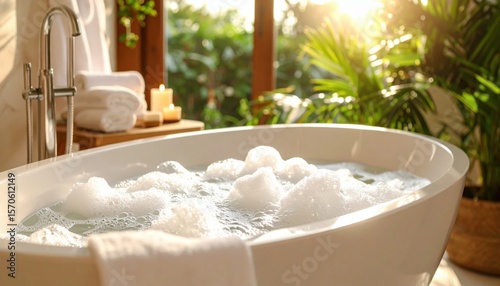 Relaxing White Spa Tub With Bubbles Under Sunlight