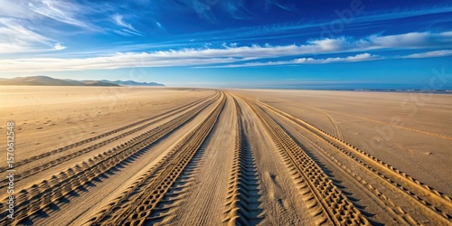 Desert landscape with tire tracks on sandy beach at low tide, beach, sand