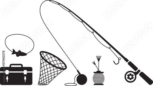 Essential Fishing Gear Collection: Rod, Reel, Net, Bobber & Lure
