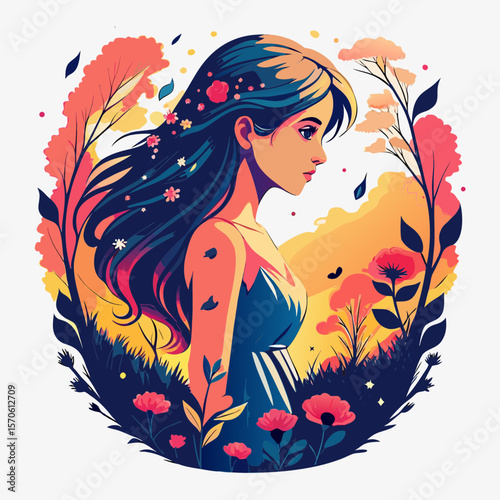 Stylish fashion vector silhouette of a lady with flowing floral hair and a horse, embodying beauty and graceful design