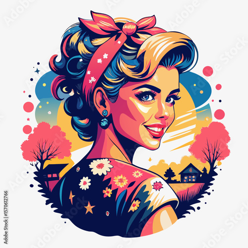 Fashionable woman with floral hair and butterfly accents, an illustration of natural beauty