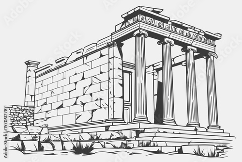  ancient greek ruins, classical columns, damaged stone blocks, column capital, black and white sketch style, intricate details, high contrast