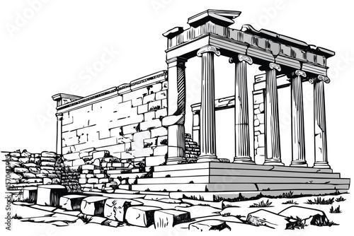  ancient greek ruins, classical columns, damaged stone blocks, column capital, black and white sketch style, intricate details, high contrast