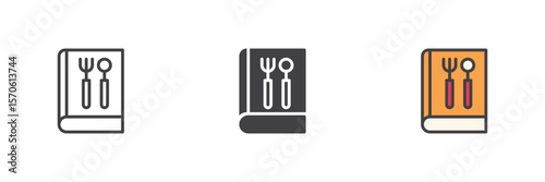 Cooking recipe book icon set in line, solid and filled outline style