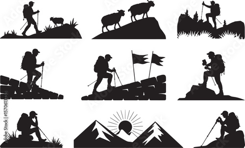 Mountain Climber & Alpine Animals Silhouette: Outdoor Adventure & Wildlife