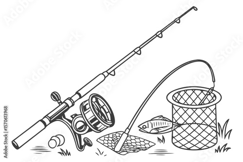 fishing rods, crossed fishing rods, fishing equipment, black and white illustration, minimalist design, simple line art