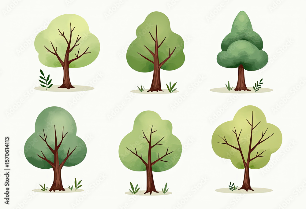 Fototapeta premium Charming set of six watercolor tree illustrations featuring various green foliage shapes, ideal for children's books, eco-friendly branding, or nature-themed designs.