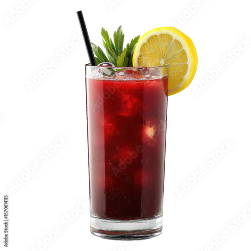 Red Cocktail with Lemon and Herbs on transparent background