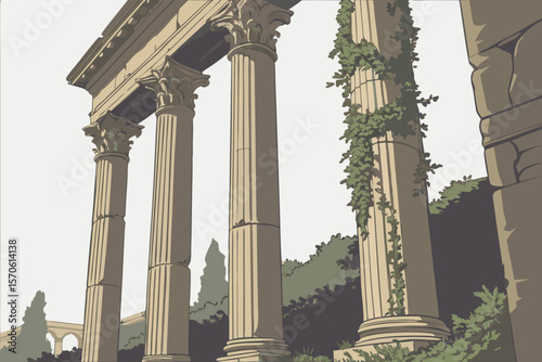 classical roman column pillars with ivy climbing up the sides, detailed, highly realistic, photorealistic, cinematic lighting, 8k