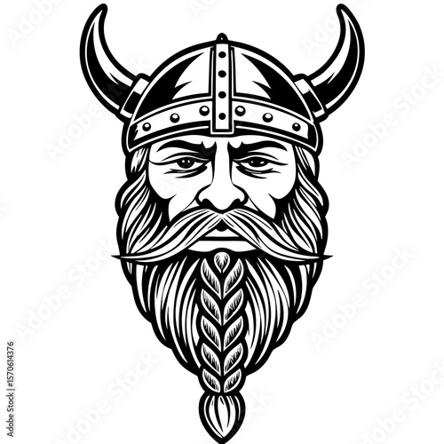 A bold and detailed illustration featuring a viking warrior head with a horned helmet a long braided beard and a strong expression.
