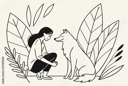 Hand drawn illustration of a woman in contemplation with her dog and leaves in a minimalist style on a transparent background.