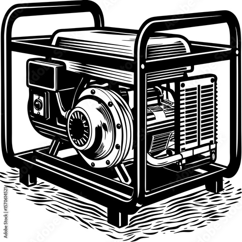 High contrast black and white illustration depicting a portable gasoline powered generator with detailed linework for commercial use.