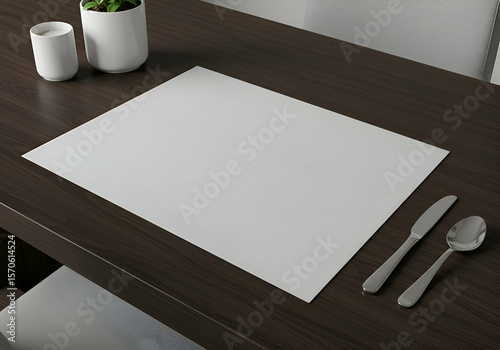 Empty white placemat on dark wooden dining table with utensils. Blank placemat ready for design mock-up in restaurant setting.