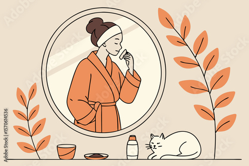 Illustration of a woman in a robe applying cream by a mirror with cat and floral elements on a transparent background