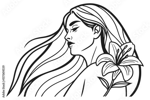 Elegant line art illustration showcasing a graceful woman with flowing hair adorned with a delicate lily flower, suitable for various creative projects.