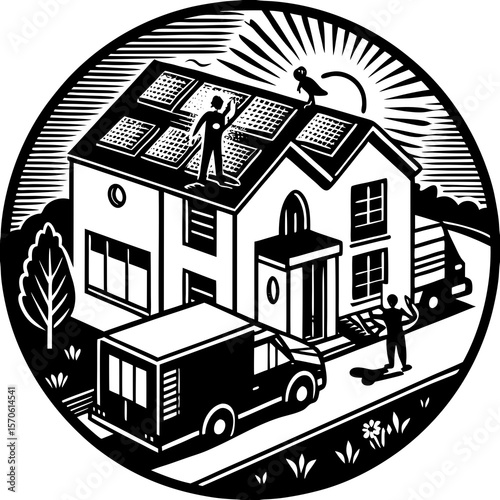 Illustration depicting a home with solar panels on the roof as part of an eco-friendly sustainable energy program