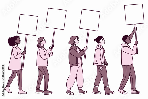 Illustration of people marching with blank signs suitable for protests demonstrations movements activism and various design projects with transparency
