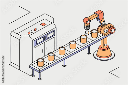 Isometric illustration of a robotic arm manufacturing cans on a conveyor belt in a modern industrial factory setting