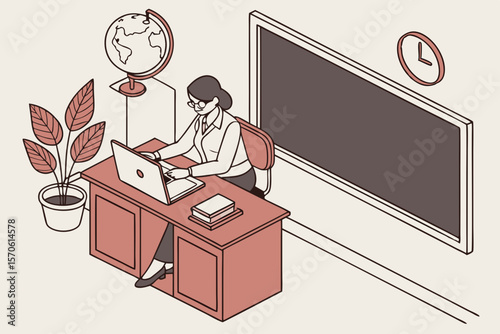 Isometric illustration of a teacher working on a laptop in a classroom setting with a globe and blackboard on a white background.