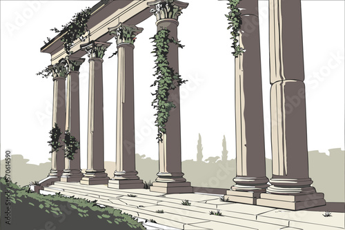 classical roman column pillars with ivy climbing up the sides, detailed, highly realistic, photorealistic, cinematic lighting, 8k