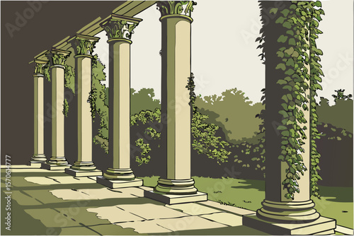 classical roman column pillars with ivy climbing up the sides, detailed, highly realistic, photorealistic, cinematic lighting, 8k