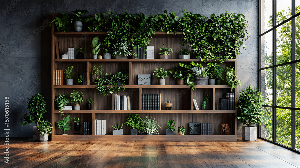 Fototapeta premium A contemporary-style bookshelf adorned with plants that serves as a modern decorative element for virtual office backdrops