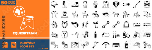 Equestrian Duotone Editable Icons set. Vector illustration in modern thin duotone style of equestrian icons: horse, euqatitation, stable, etc