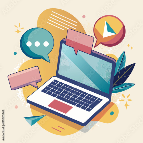 Modern laptop with speech bubbles and geometric shapes silhouette