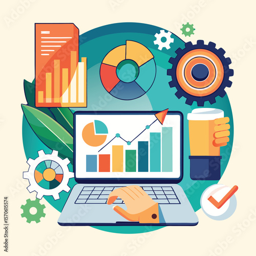 Business analytics and data visualization with charts and graphs on laptop silhouette