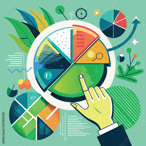 Hand interacting with colorful data charts and graphs silhouette