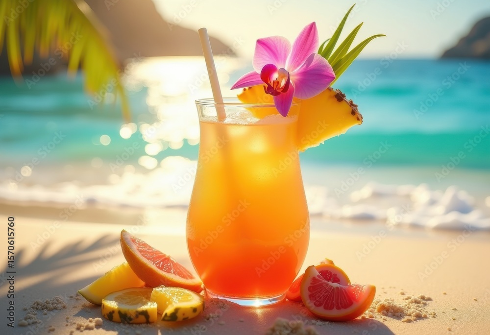 Obraz premium bright tropical cocktail glass vibrant garnish colorful drink refreshing summer vibes, ice, beverage, liquid, sweet, fruity, beach, enhance, presentation