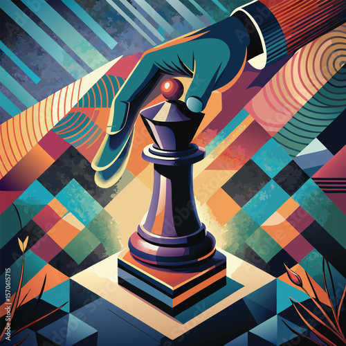 Strategic move with queen chess piece in abstract geometric background silhouette