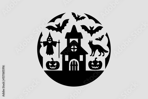 Halloween Silhouette: Spooky House, Bats, And Pumpkins