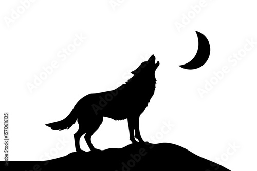 Silhouetted Wolf Howling at Crescent Moon, Night Vector Illustration