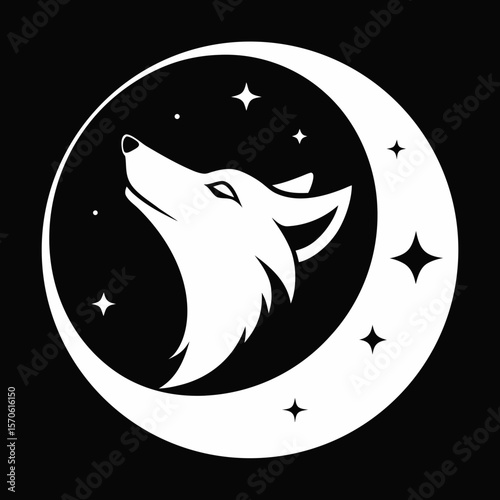 Majestic Wolf Howling at Crescent Moon Night Sky