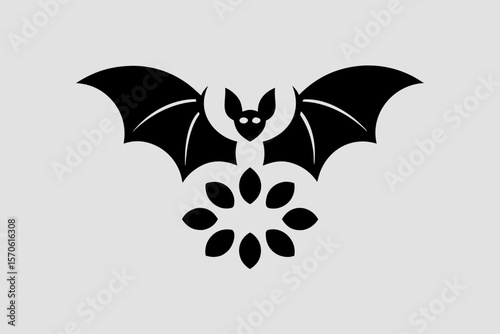 Elegant Black Bat Logo Design With Flower