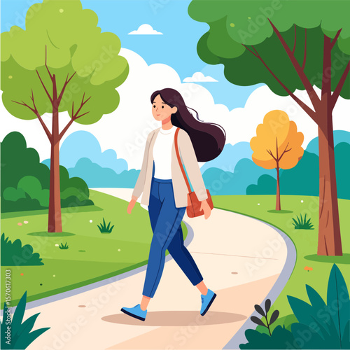 A woman walks on a path through a park under a partly cloudy sky The landscape is green with various trees