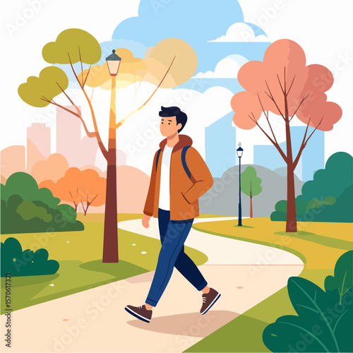 A man walks on a winding path in a park with autumncolored trees and buildings in the background