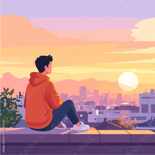 A man sits hooded atop a wall overlooking a cityscape at sunset featuring buildings mountains clouds and a bright sun