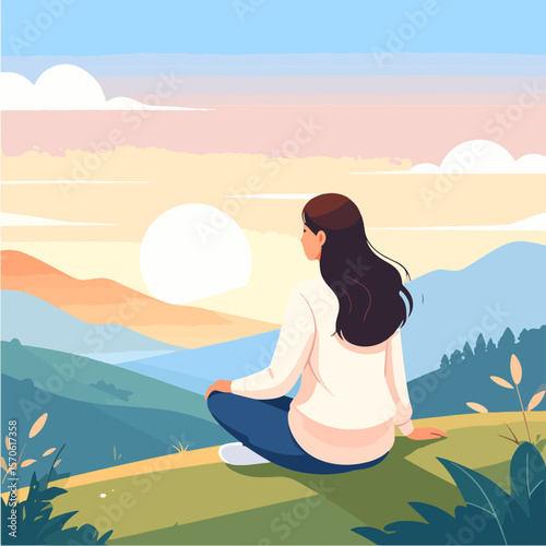 A woman faces a sunlike orb seated outdoors on a hill amongst mountains bathed in pastel hues
