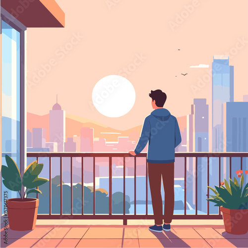 Man on balcony observes city at sunrise framed by plants