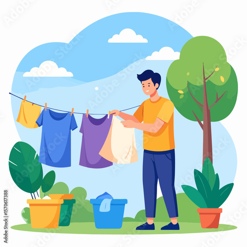 Person hanging clothes on a line outdoors